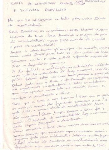 Fac-símile da carta da comunidade xavante de Marãiwatsédé