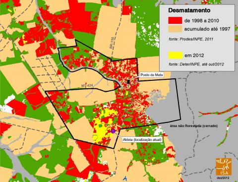 Mapa do desmatamento acumulado na TI Marãiwatsédé, dezembro de 2012 / Crédito: Instituto Socioambiental/Geoprocessamento